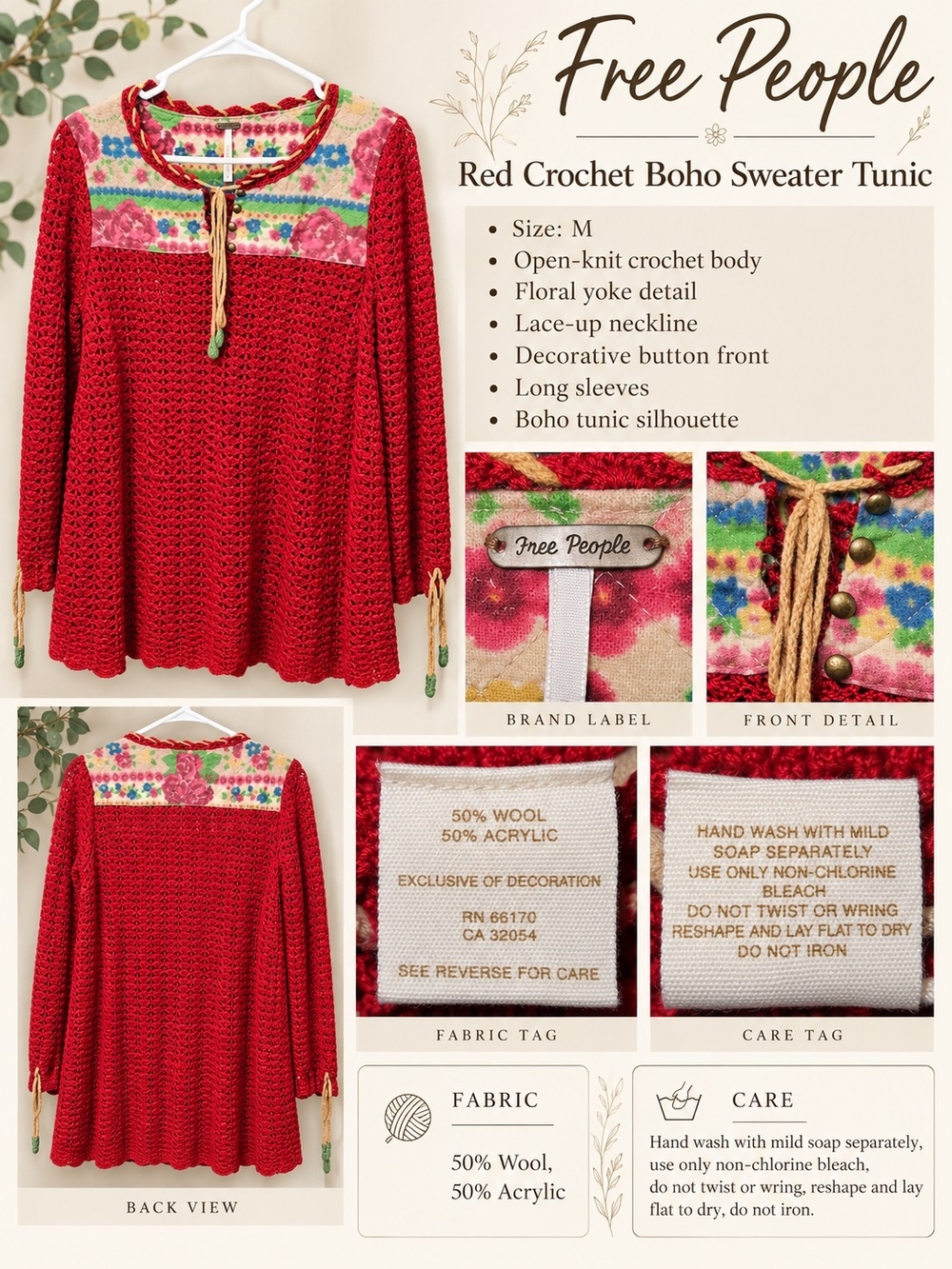 Free People Red Crochet Wool Tunic Top Floral Yoke Boho Size M